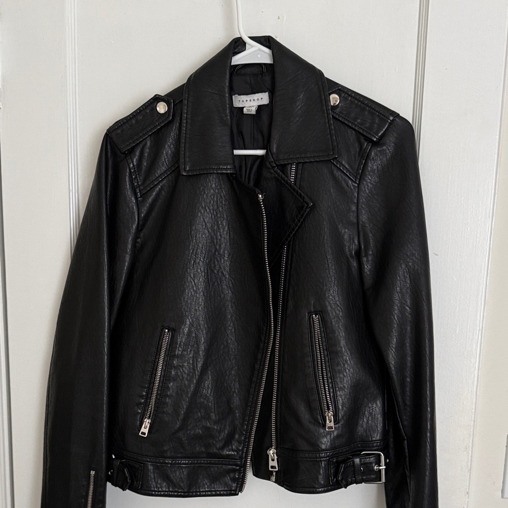 Topshop Black Leather Jacket with Silver Accents